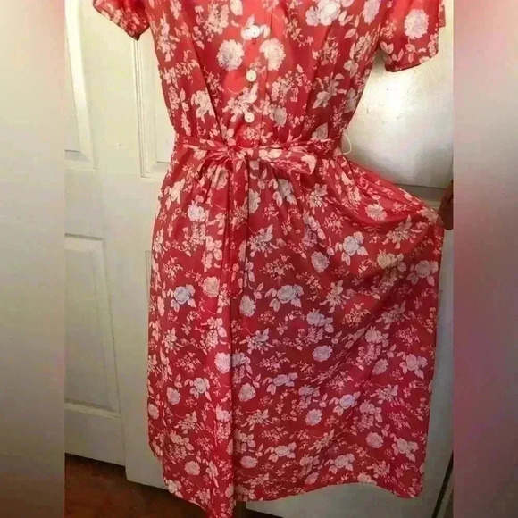 VTG "haband for her"  coral nylon short sleeve with belt classic dress women 8 - Picture 6 of 7